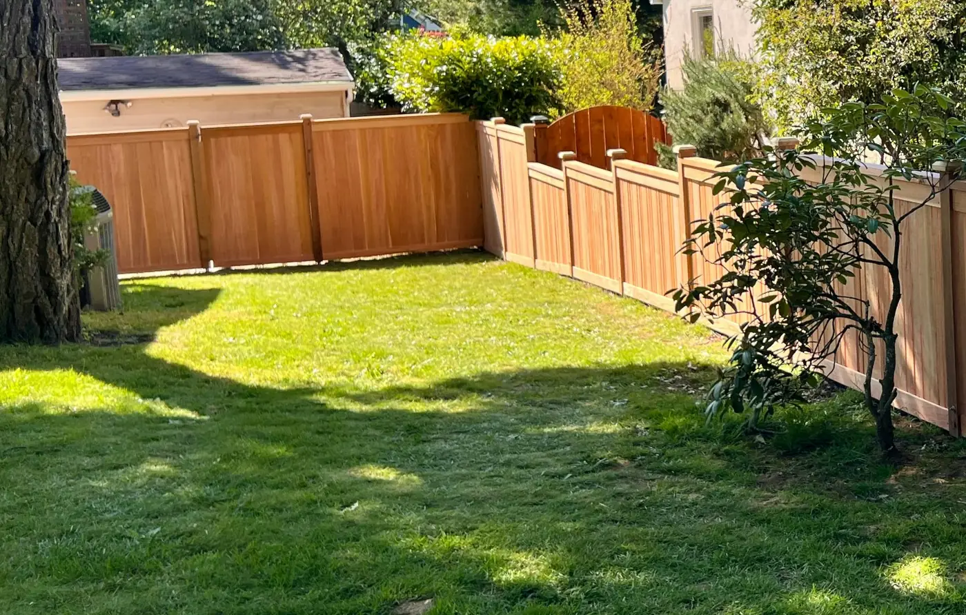Backyard cedar fence with framed panels, post caps and an arched wood gate